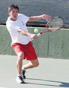 Men&acute;s tenns team No. 1 player, Frank Mena, is calm and collected as he faces against his L.A. Pierce College opponent Remy Salvador on a match on Thursday 4. Mena lost to Salvador in 2 sets.