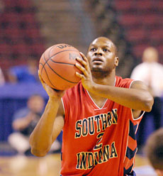 Clarence Chillers, a forward from the University of Southern Indiana Screaming Eagles, shoots a foul shot during the NCAA Division II Elite Eight tournament at Centennial Garden Wednesday.