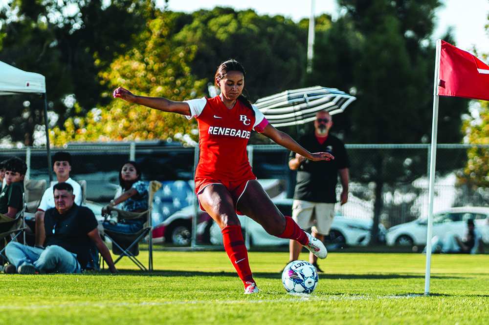 Melanie Mendizabal takes a corner kick prior to the final goal in BC’s 5-0 win vs. Allan Hancock on Aug. 30.