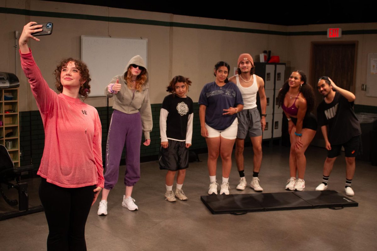 Peighton Herron, Annakate Crossley, Faith Limbengco, Kimberly Villatoro, Jose Magana, Madison Christensen, and James-Perry Castanares cast members taking a selfie during a scene.  